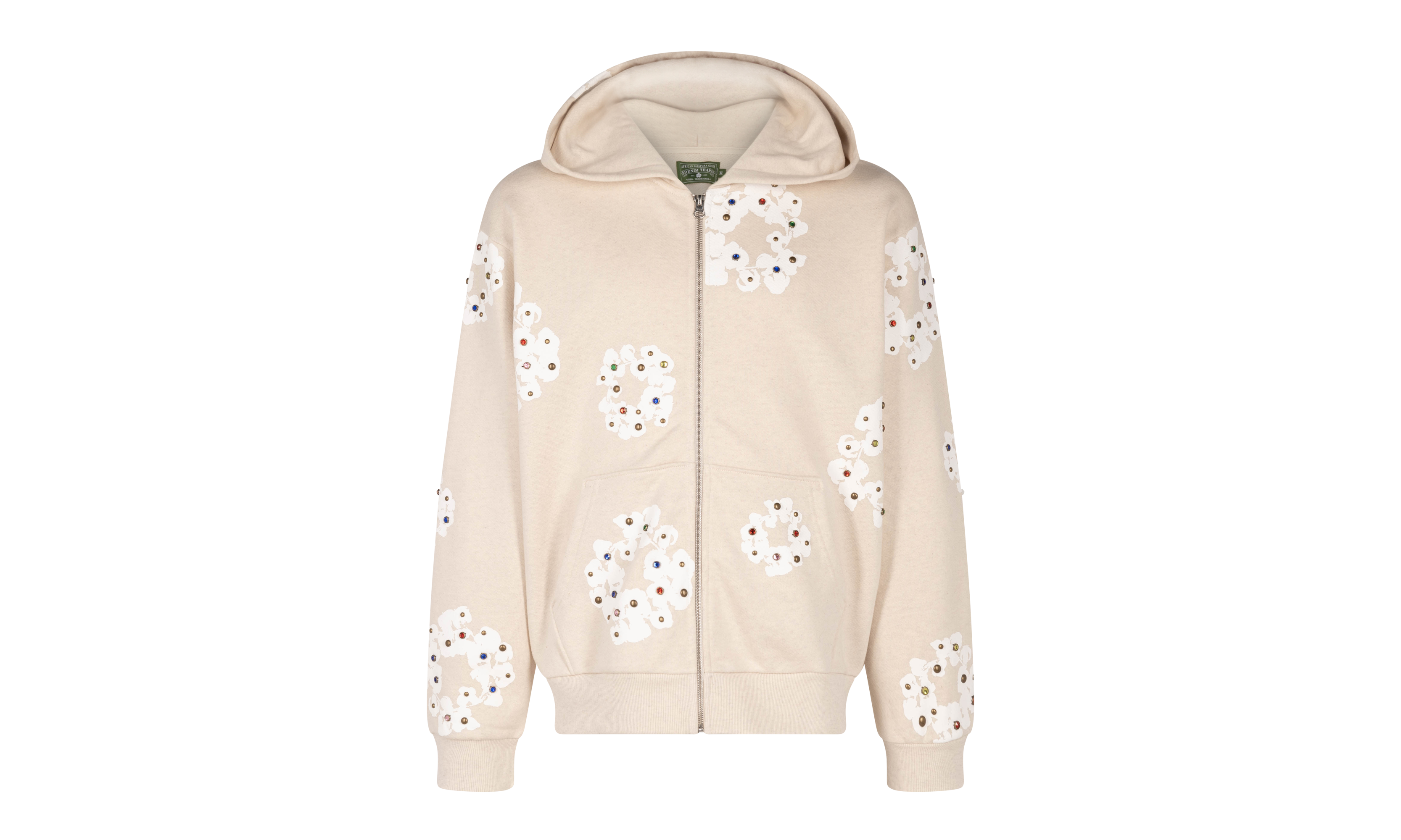 Rhinestone Cotton Wreath Zip Hoodie "Oatmeal" DT027