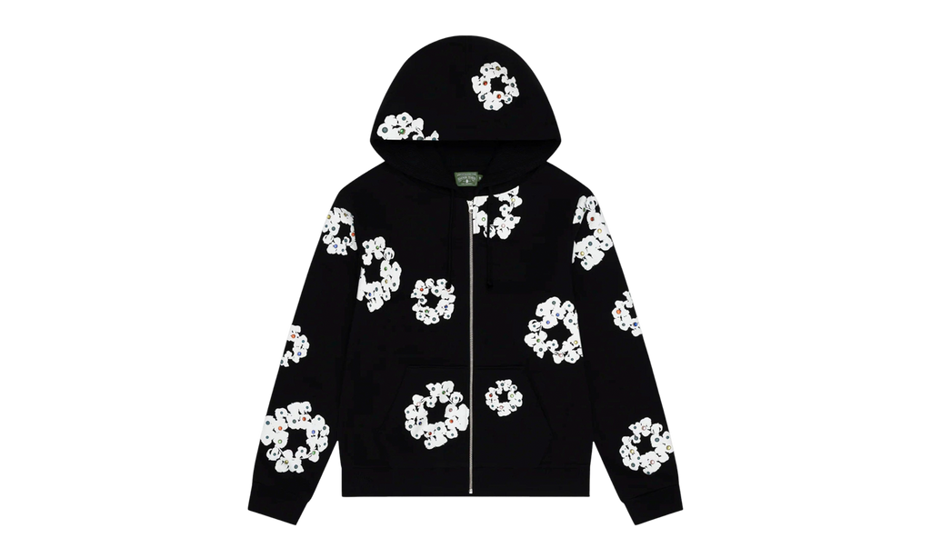 Cotton Wreath Rhinestone Studded Zip Hooded Sweatshirt "Black White" DT591