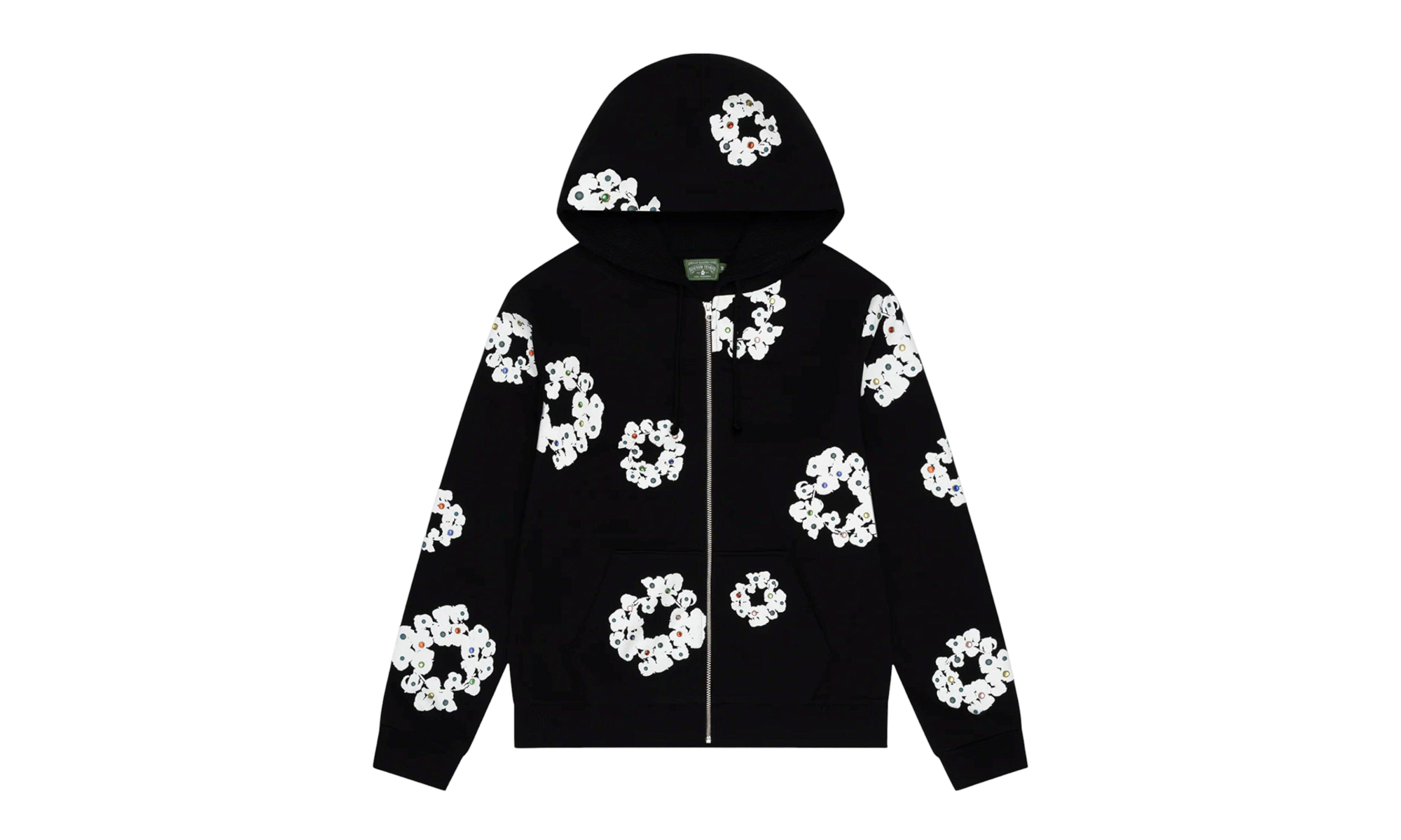Cotton Wreath Rhinestone Studded Zip Hooded Sweatshirt "Black White" DT591