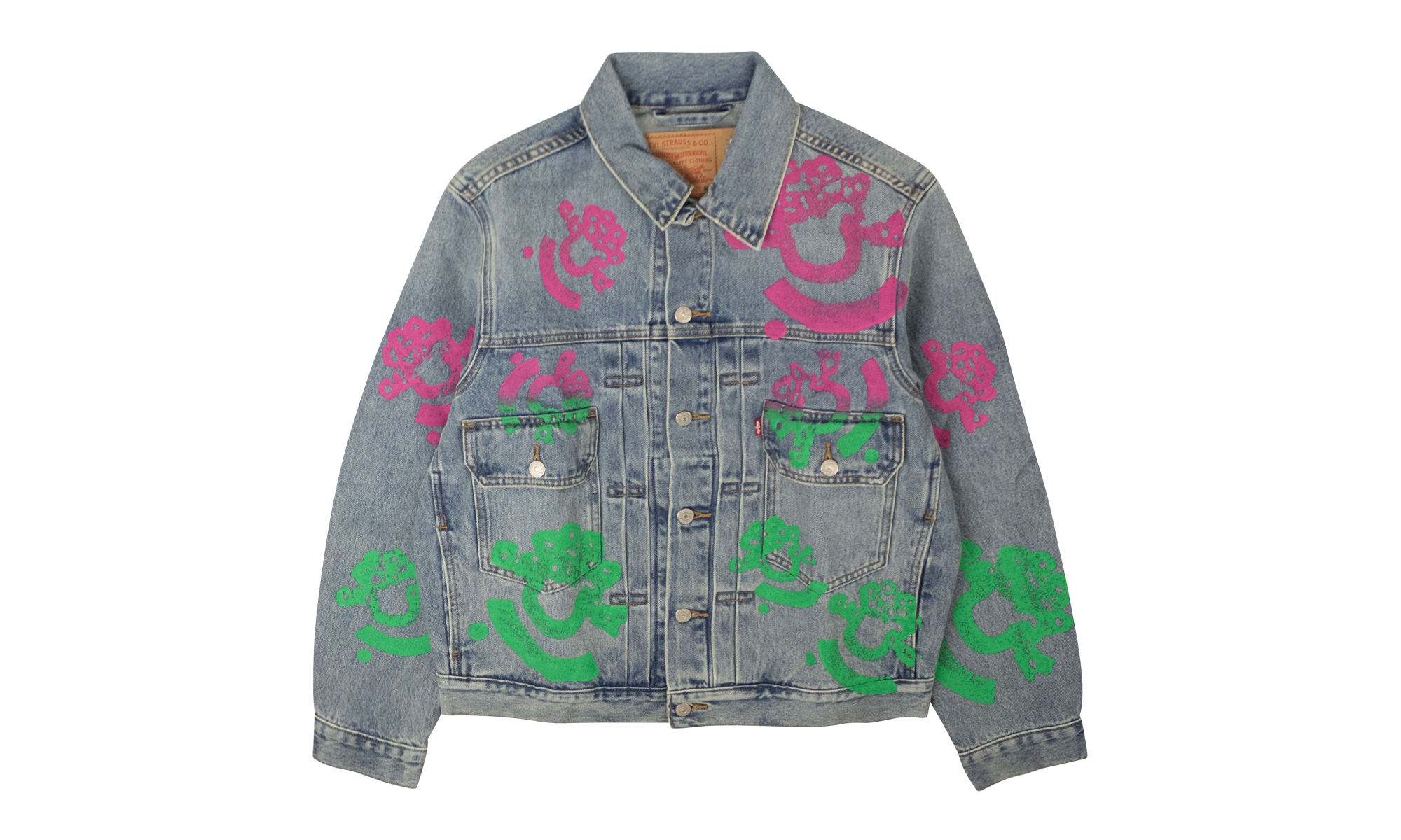 Bstroy Tears Type-2 Light Wash Denim Trucker Jacket "Pink / Green" 802_700_63