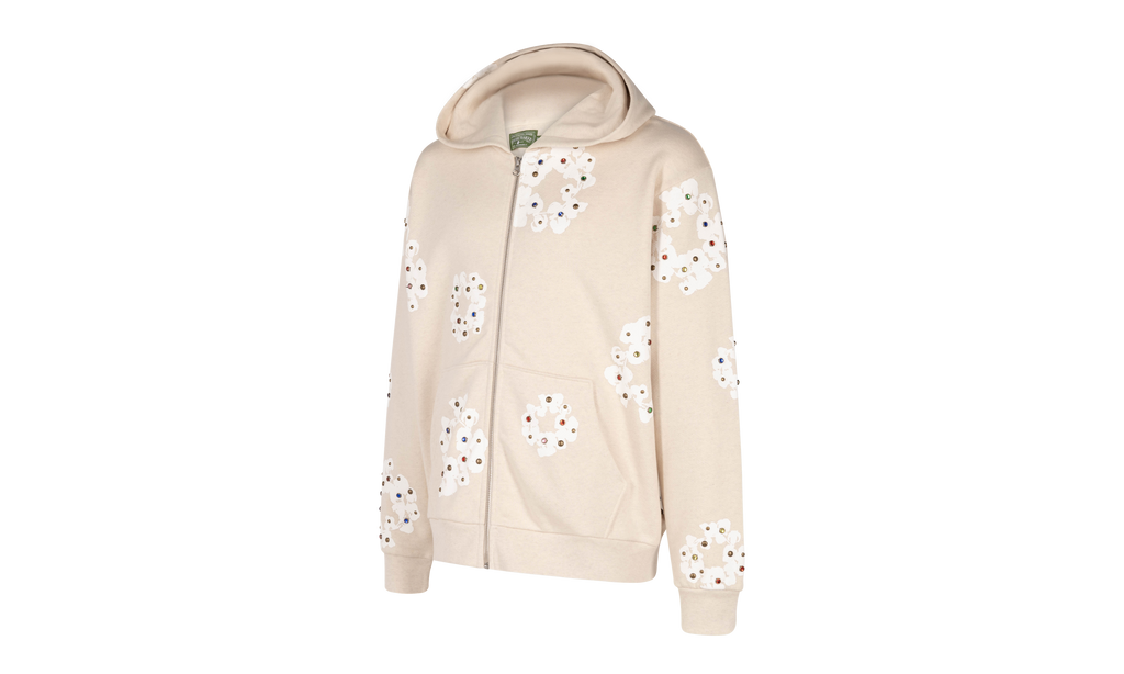 Rhinestone Cotton Wreath Zip Hoodie "Oatmeal" DT027