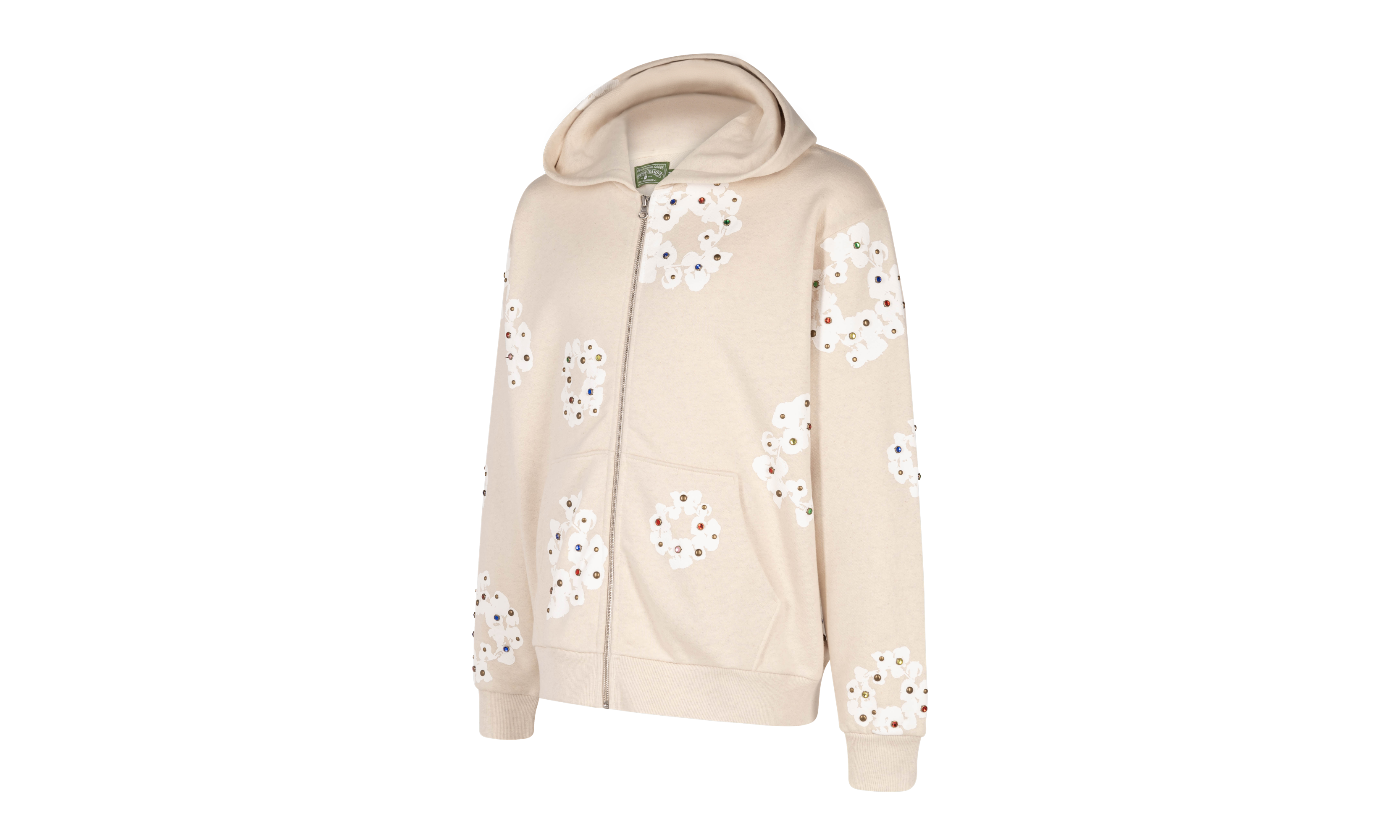 Rhinestone Cotton Wreath Zip Hoodie "Oatmeal" DT027